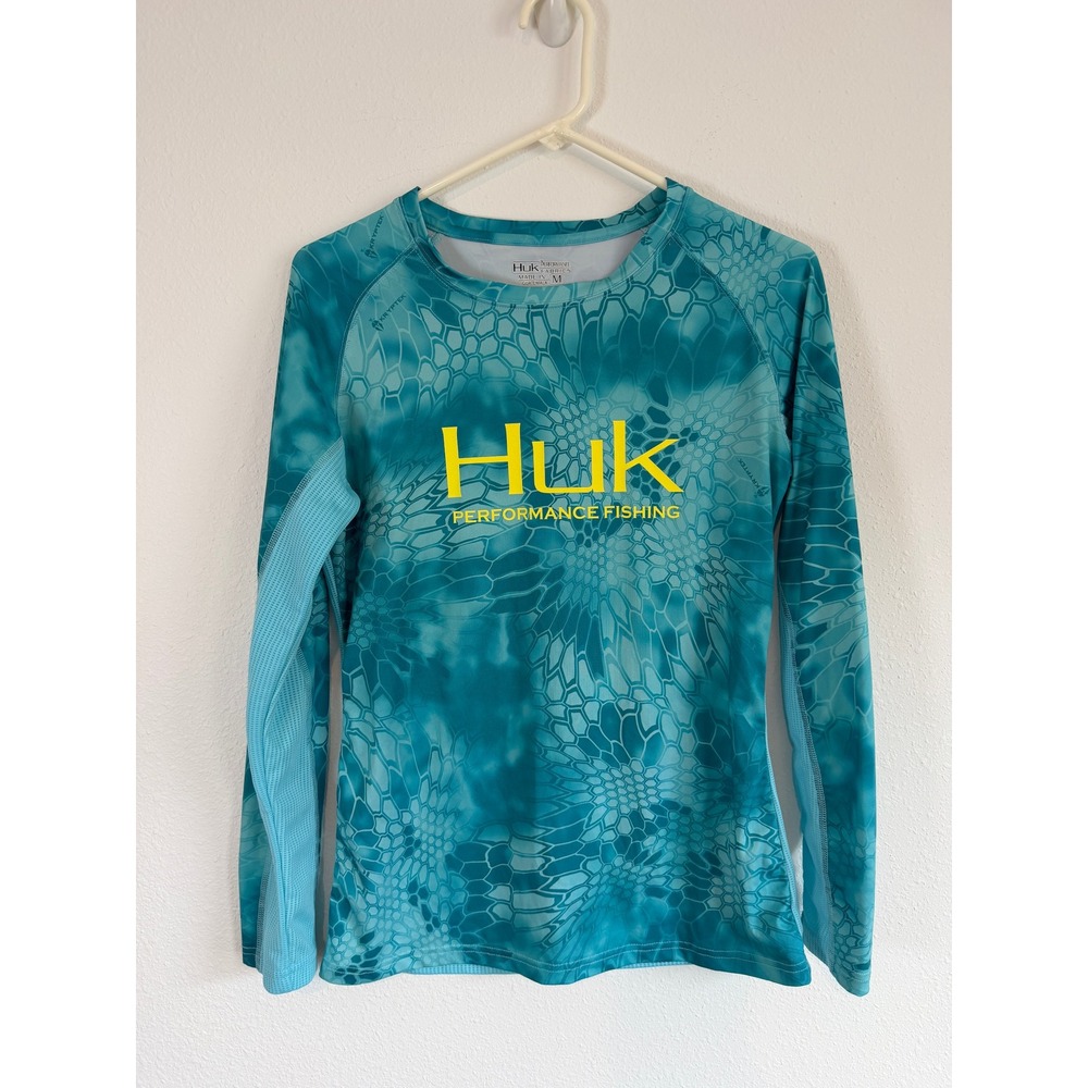 Huk Womens Pursuit Long Sleeve Fishing Shirt Teal Kryptek Camo Size M